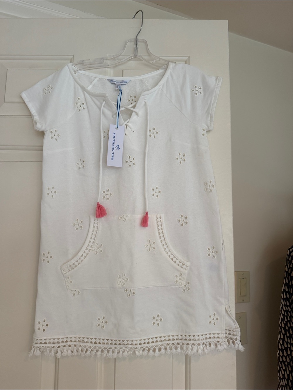 Southern Tide White Eyelet Coverup with Pink Tassels